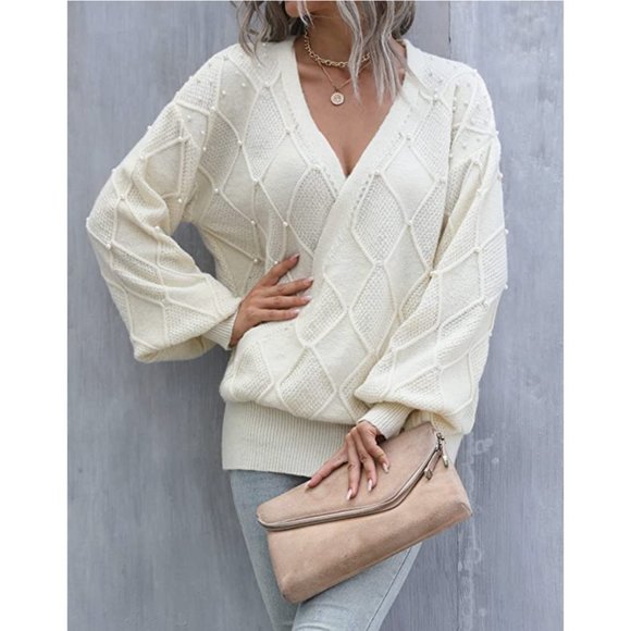 Off White Pearl Embellished Cable Knit Tie Front Wrap VNeck Long Sleeve Sweater - Picture 2 of 7